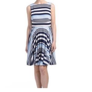 NWT Donna Morgan Blue, White, Pink, Black Stripe Sleeveless Printed Circle Skirt